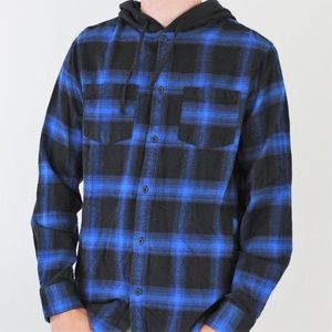 PacSun Black And Blue Plaid Button Up Hoodie